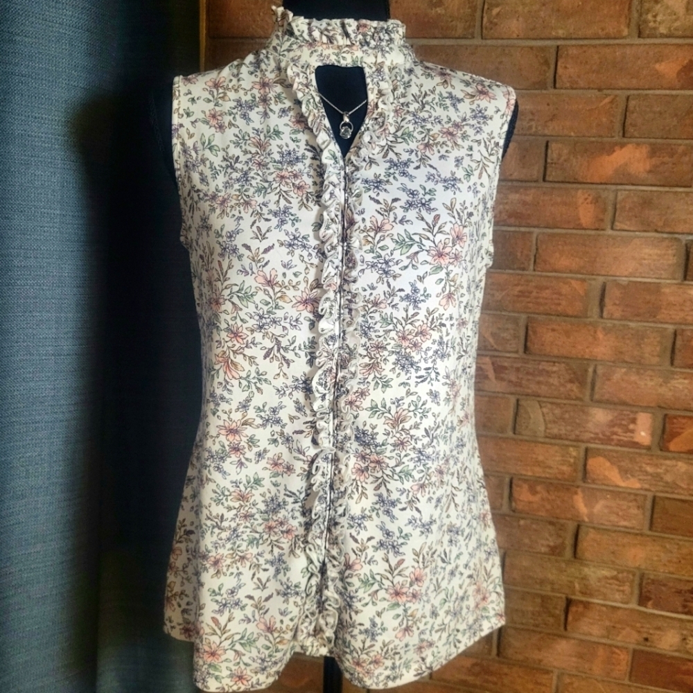 PerSeption Concepts Floral Sleeveless Ruffle Detail Blouse - Size S